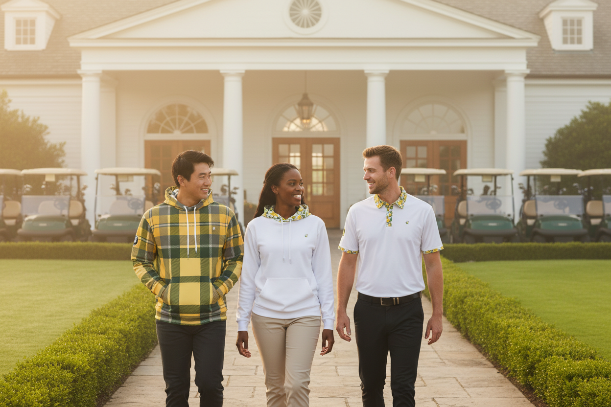 Three people in golf apparel walking into country club clubhouse